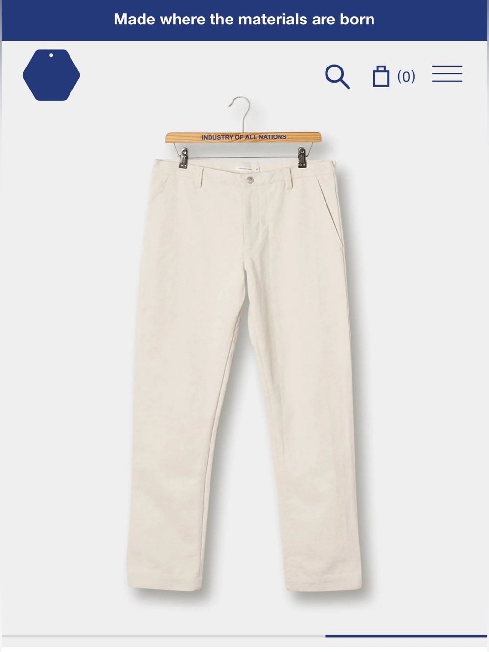 Industry of All Nations Undyed 100% cotton ethically produced canvas pants 26x28